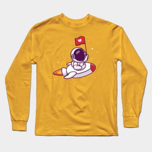 Cute Astronaut Riding Rocket With Love Flag Long Sleeve T-Shirt